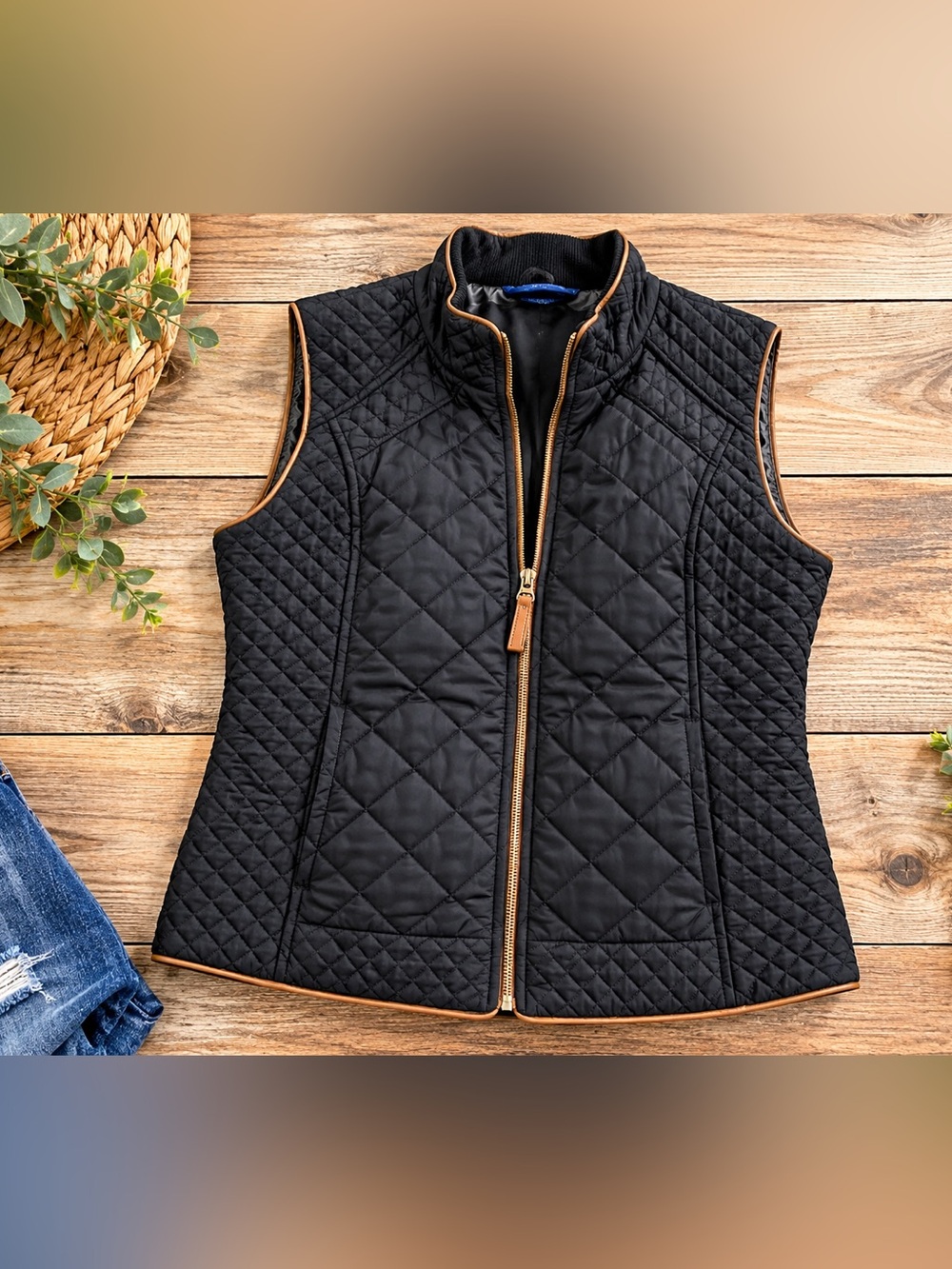 Northcrest Black Quilted Vest with Tan Trim